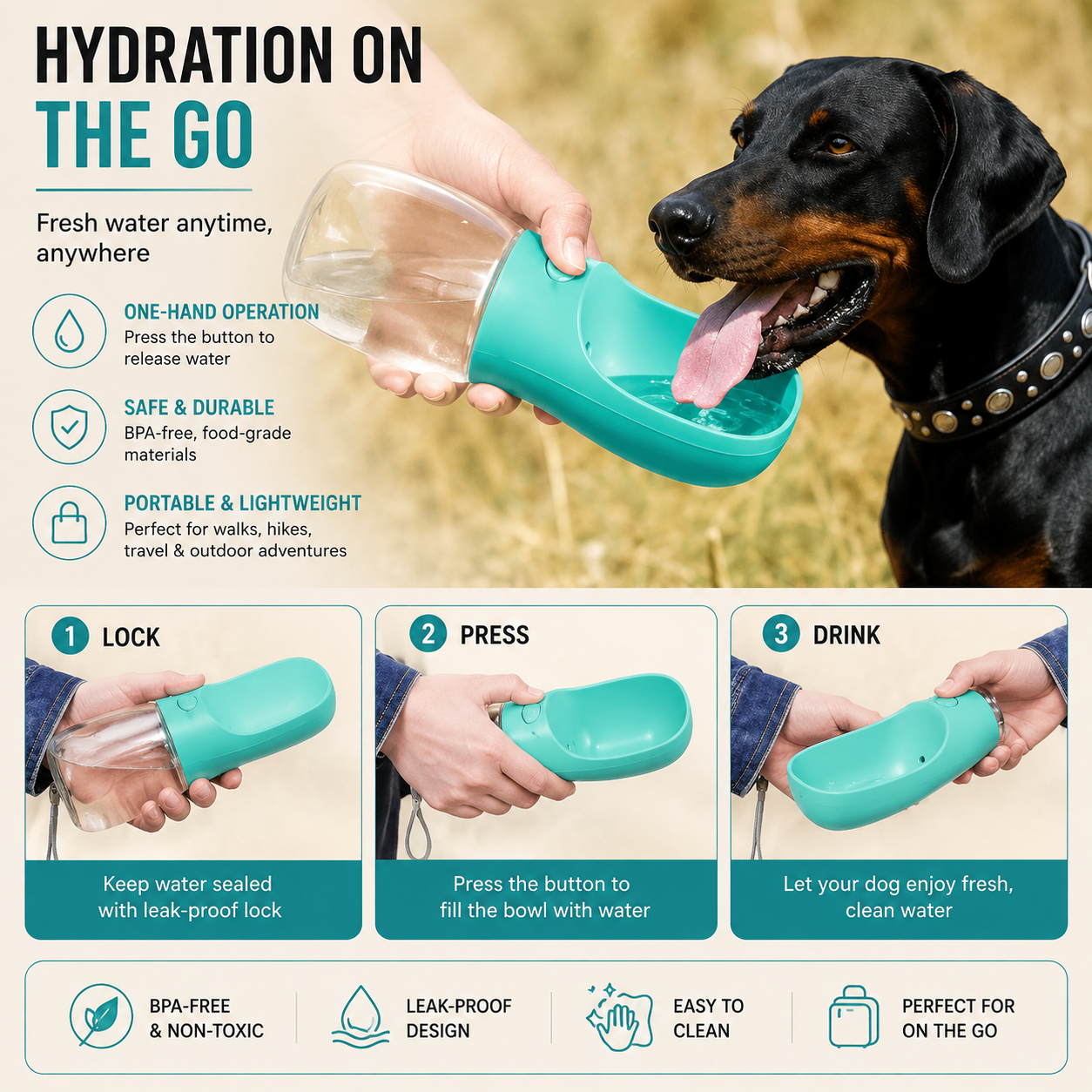 Portable Pet Water Bottle with Built-In Bowl