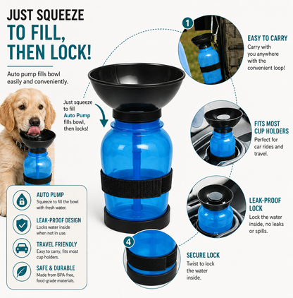 Portable Pet Water Bottle with Attached Bowl & Strap