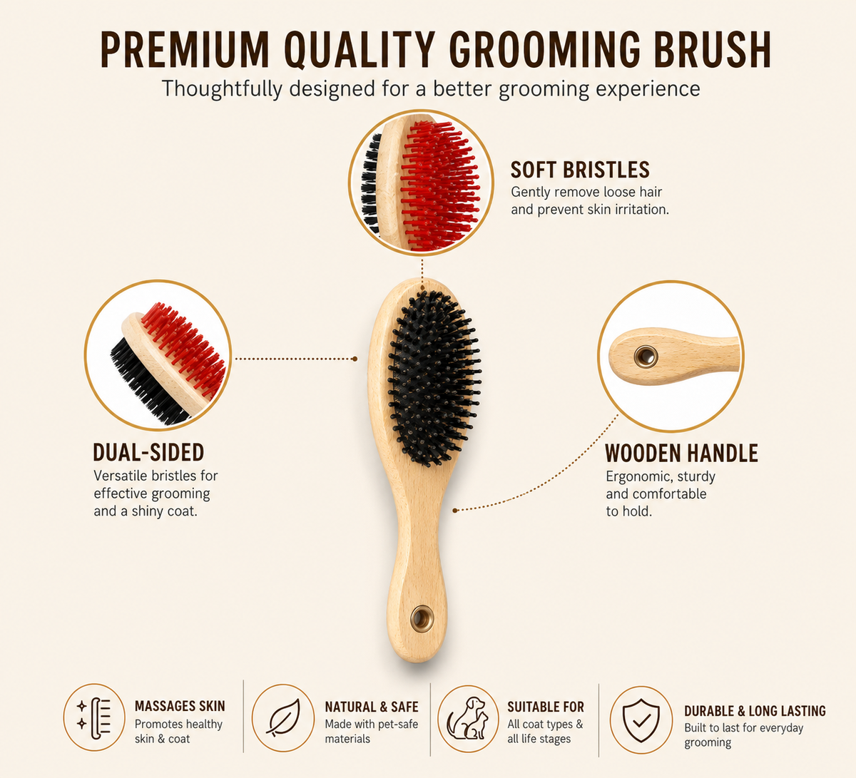 Double-Sided Wooden Dog Grooming Brush