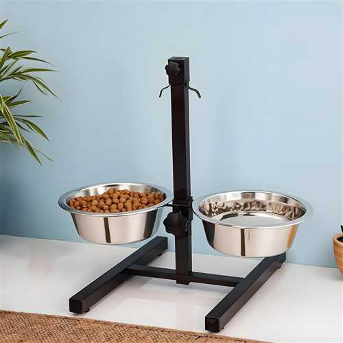 Dog Food Bowl Stand, Adjustable, U-Base Double Bowl Stand, Stainless Steel, Removable Bowls