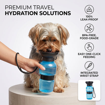 Portable Pet Water Bottle with Attached Bowl & Strap