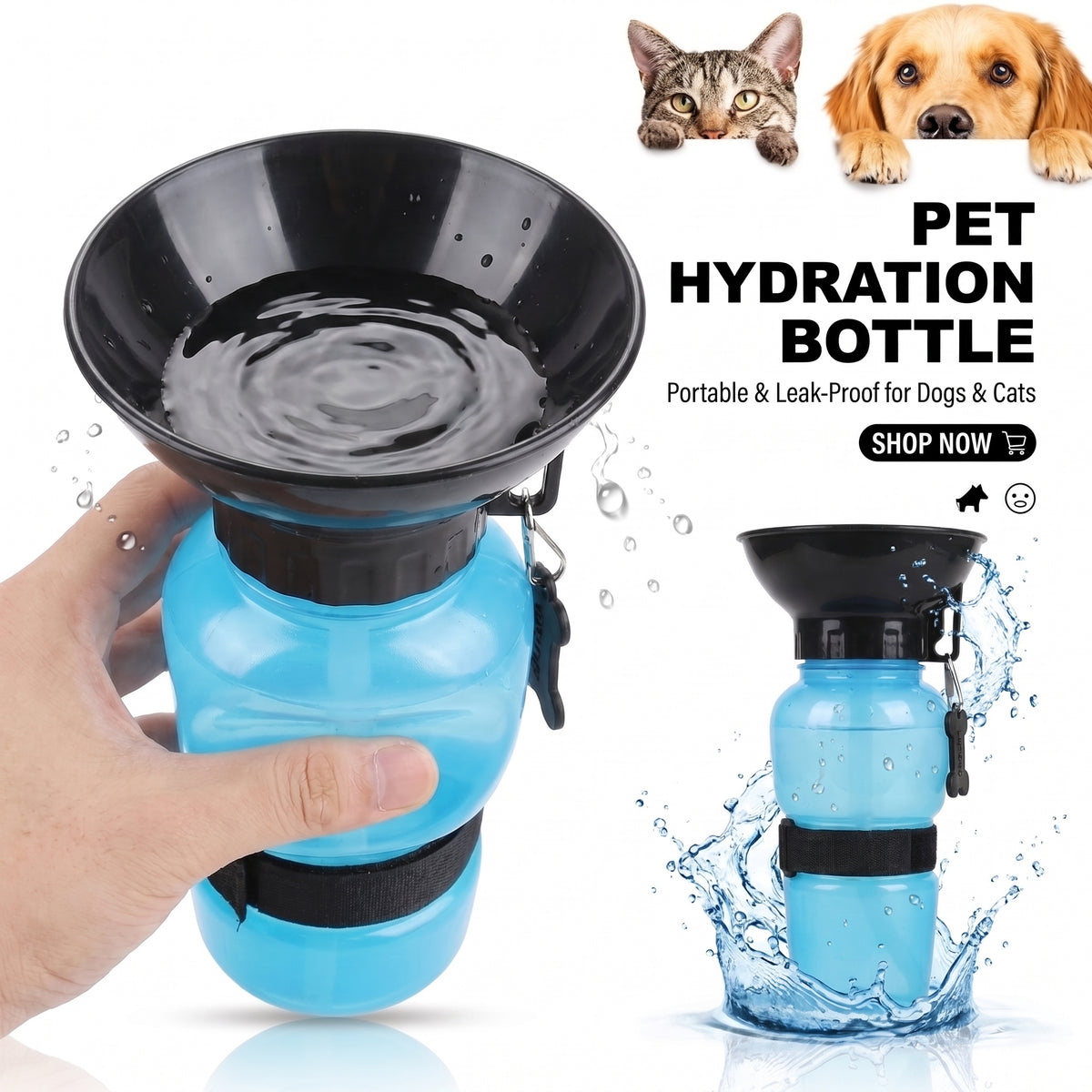 Portable Pet Water Bottle with Attached Bowl & Strap