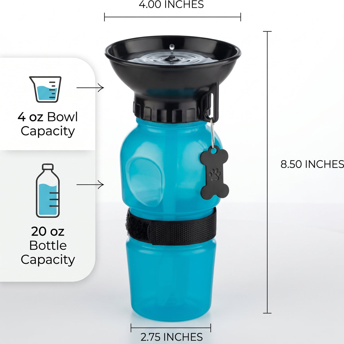 Portable Pet Water Bottle with Attached Bowl & Strap