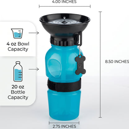 Portable Pet Water Bottle with Attached Bowl & Strap