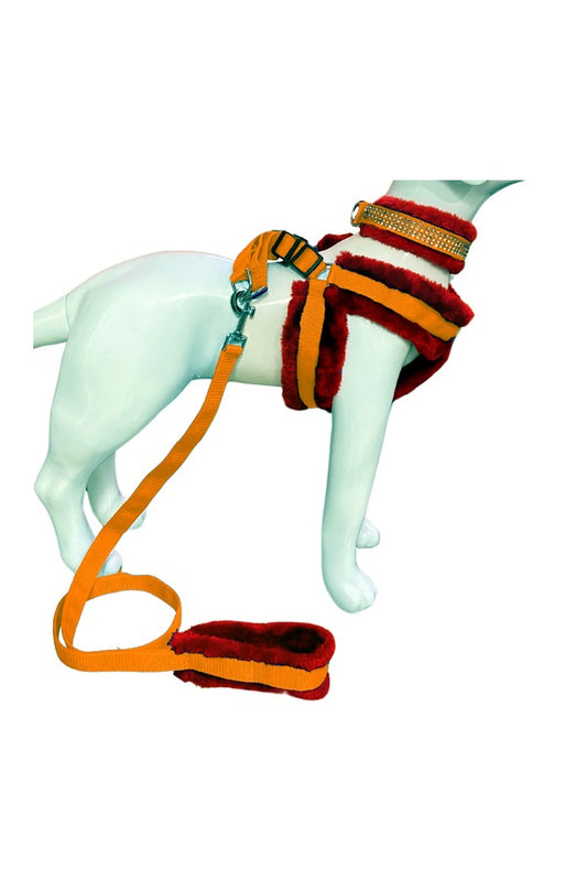 Dog Chest Belt Soft Padded Fur Harness, Collar & Leash Combo Set (Small, ORANGE-BROWN)