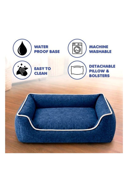 Premium Solid Dog Bed – Soft Linen Feel Orthopedic Pet Bed with Bolsters, Washable & Anti-Slip Base (Blue Grey, All Sizes Dogs)
