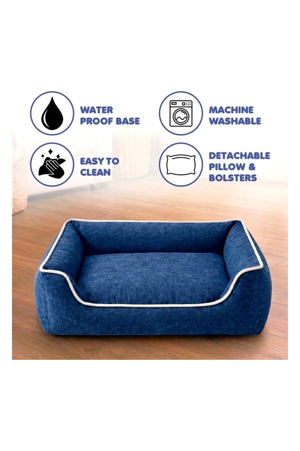 Premium Solid Dog Bed – Soft Linen Feel Orthopedic Pet Bed with Bolsters, Washable & Anti-Slip Base (Blue Grey, All Sizes Dogs)